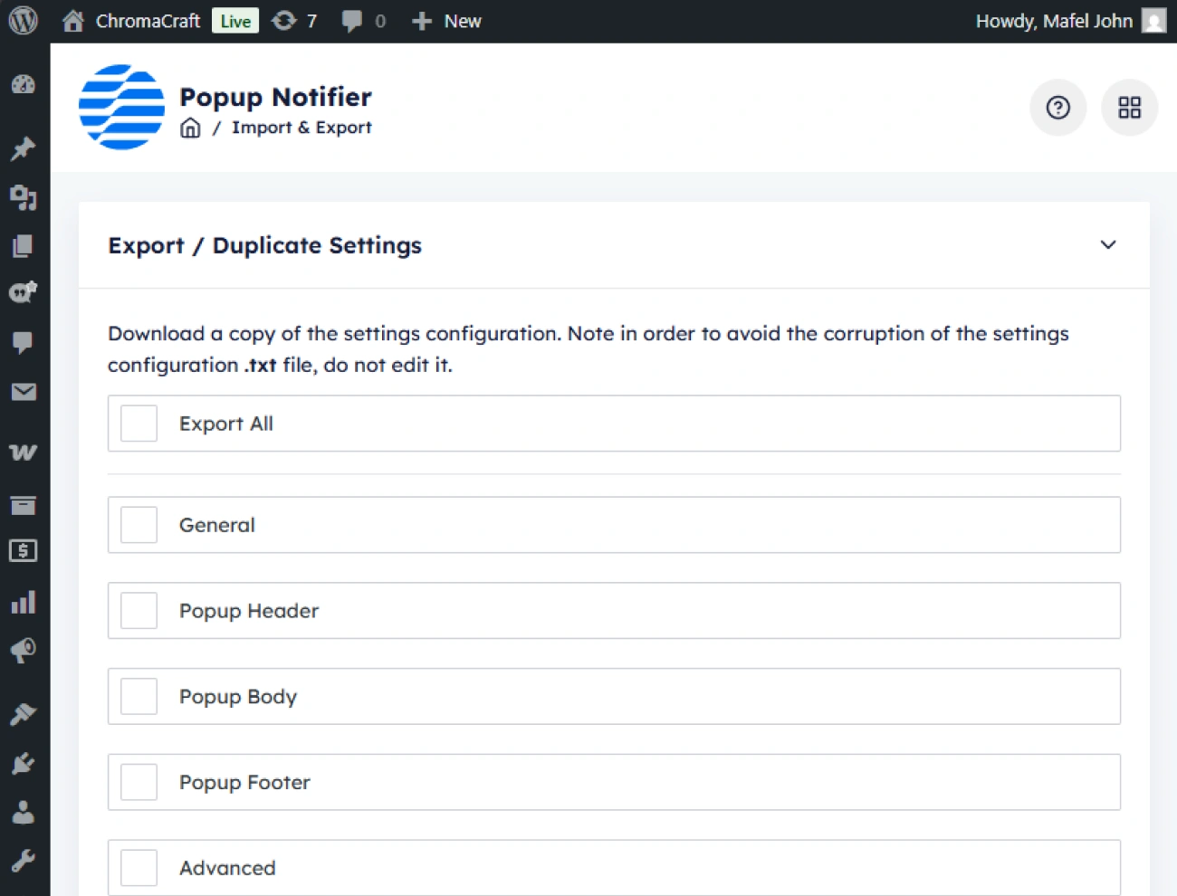 Handy Added To Cart Popup Notifier For WooCommerce Built In Settings Exporter