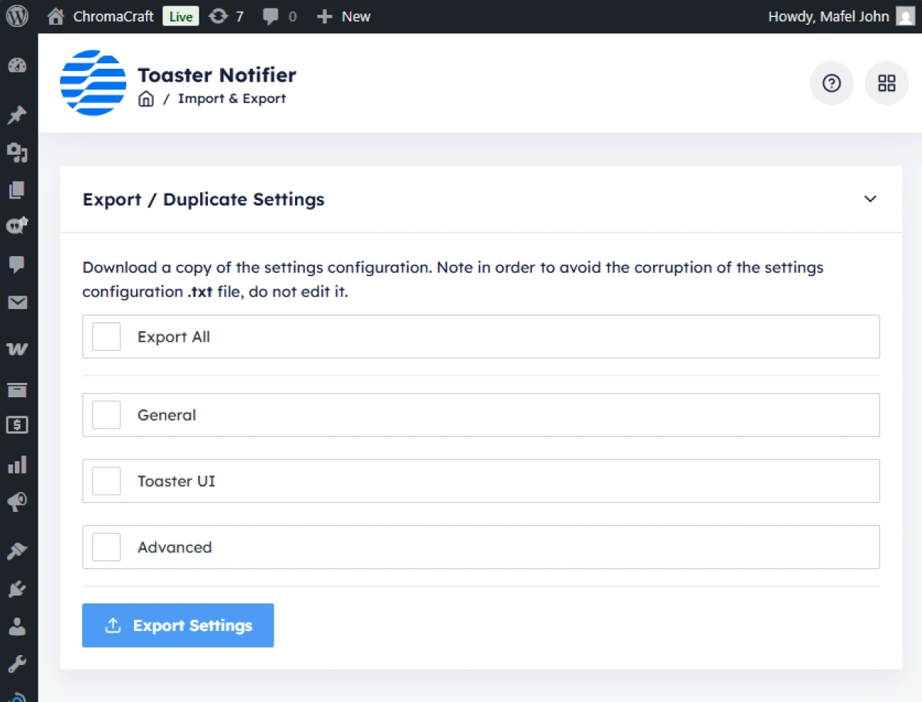 Handy Added To Cart Toaster Notifier For WooCommerce Built In Settings Exporter
