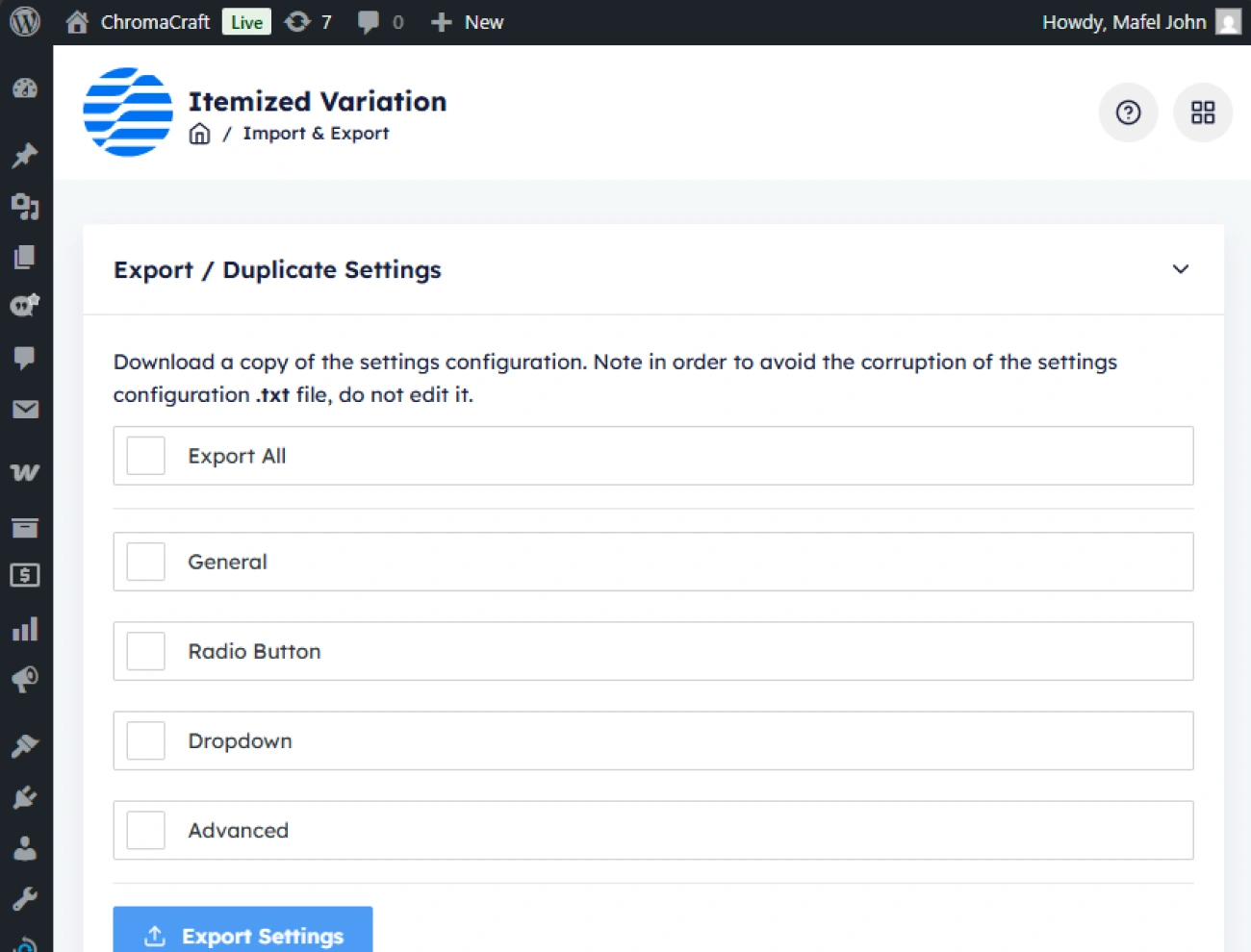Handy Itemized Product Variation For WooCommerce Built In Settings Exporter