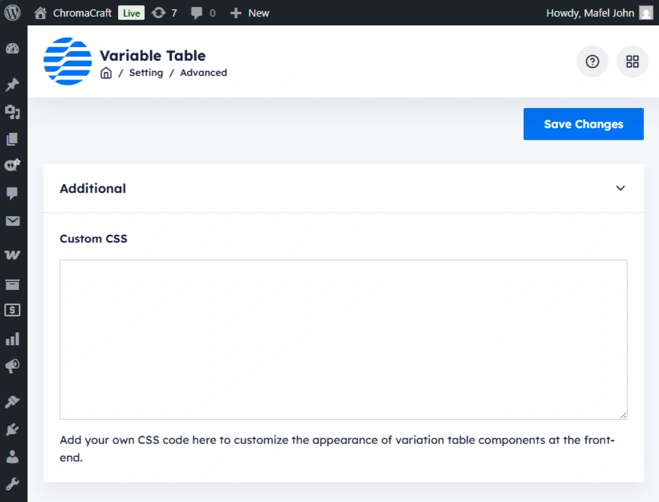 Handy Product Variation Table For WooCommerce Built In Custom Css Editor