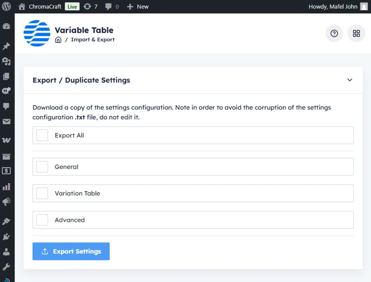 Handy Product Variation Table For WooCommerce Built In Settings Exporter