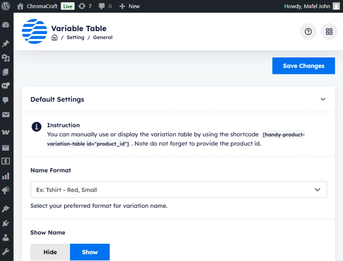 Handy Product Variation Table For WooCommerce Define Global Variation Table Settings