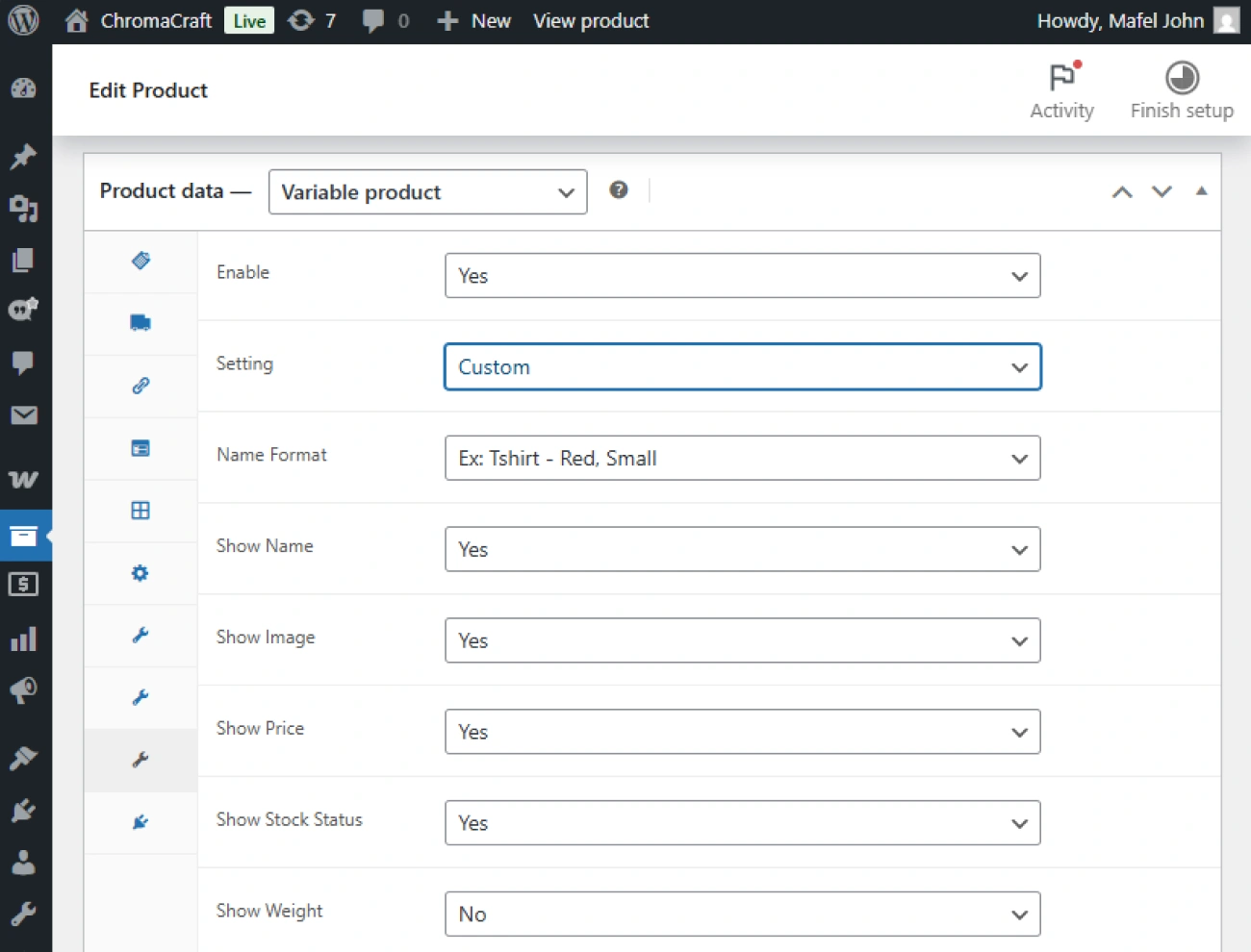 Handy Product Variation Table For WooCommerce Define Variation Table Settings By Each Product