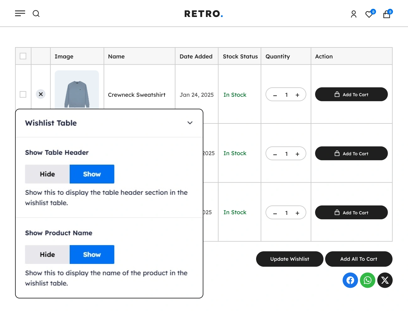 Handy Wishlist For WooCommerce Customizable Wishlist Table Product Details To Display